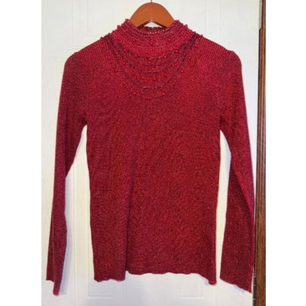 Vintage Once Again Red‎ Metallic Sweater With Beaded Neckline Size Small